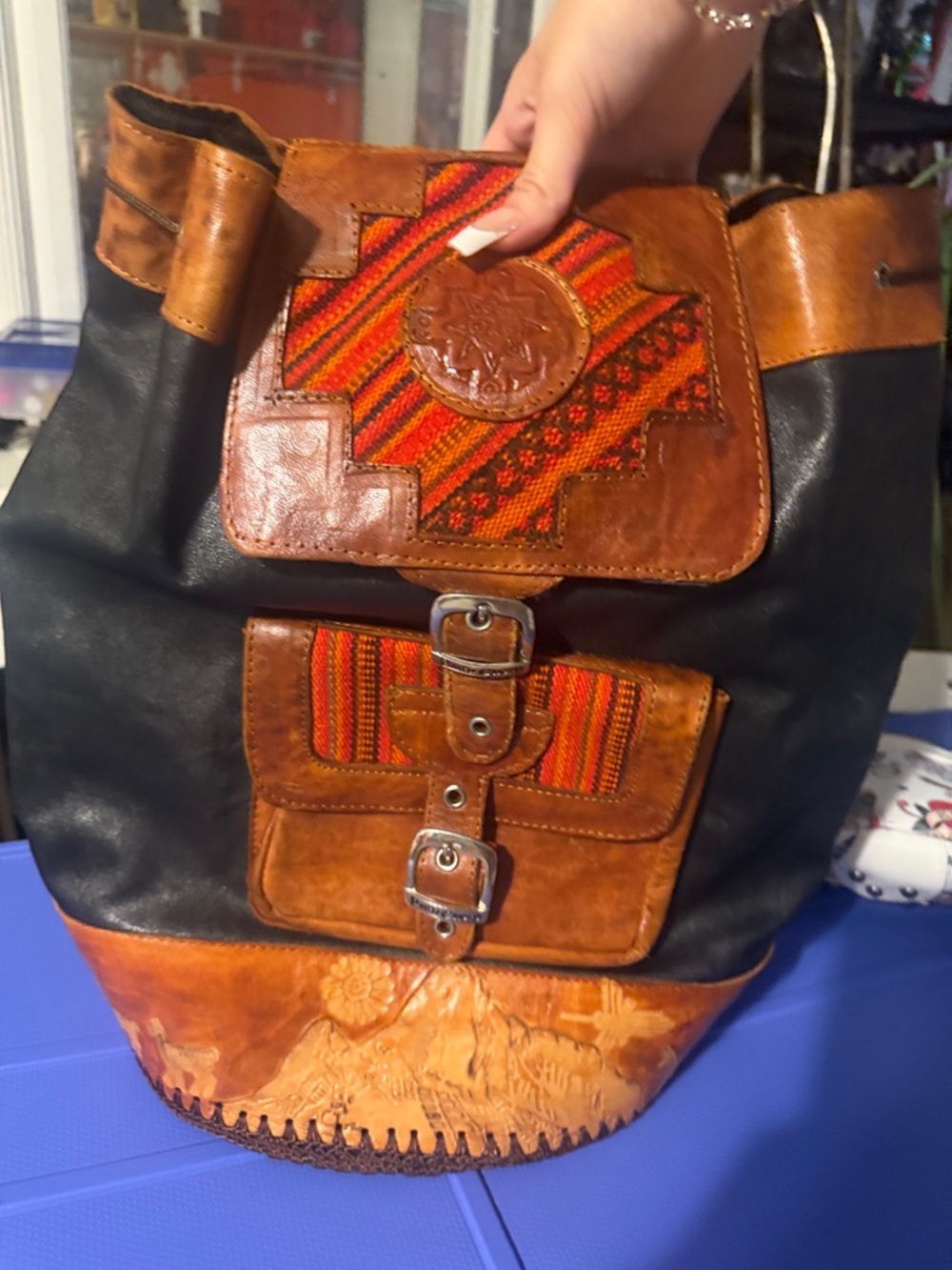 Boho Leather & Woven Backpack - Black, Brown & Red Accents
